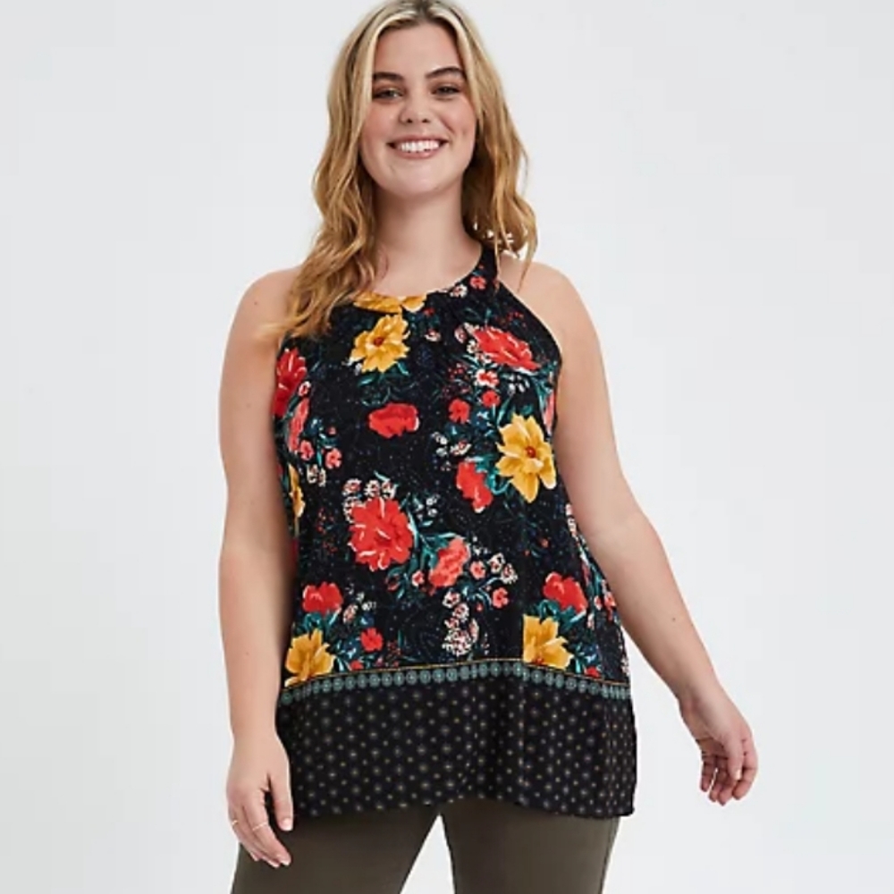 BLACK FLORAL TEXTURED STRETCH RAYON GODDESS TANK